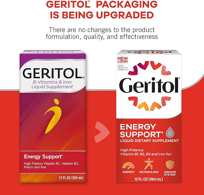 Geritol Liquid Vitamin and Iron Supplement, Energy Support, Contains High Potency B-Vitamins and Iron, Pleasant Tasting, Easy to Swallow, No Artificial Sweeteners, Non-GMO, 12 Oz, 2 Pack