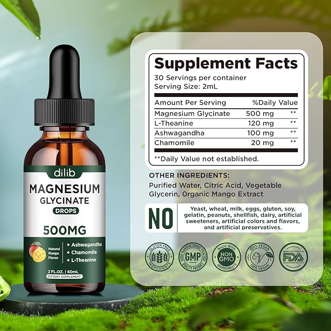 Magnesium Glycinate Supplement, Magnesium Liquid Drops with Magnesium Glycinate 500mg Ashwagandha, L - Theanine, Chamomile -Support Stress Relief, Bone, Muscle, Mood Vegan Natural Mango Flavor