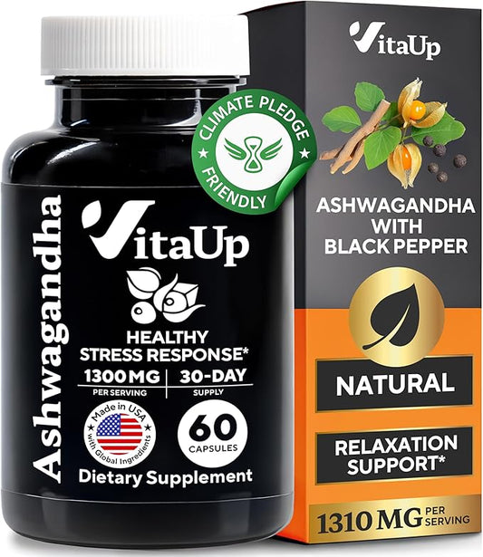 Ashwagandha Capsules 1310mg - USA Made Ashwagandha Supplements with Black Pepper - Ashwagandha Root Extract for Relaxation Support, Normal Cognitive Function & Balanced Energy Levels – 60 Caps