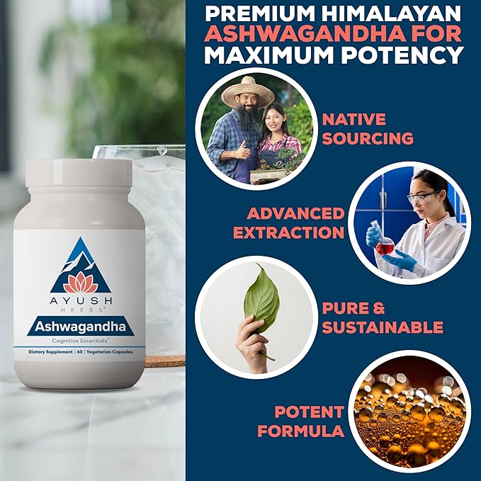 Ayush Herbs Ashwagandha Capsules - Ashwagandha for Men & Women, Ashwagandha Supplements, Pure Ashwagandha Root Powder for Stress, 500mg per Pill - 60 Vegetarian Caplets (1 Count)