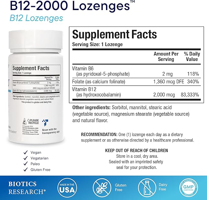Biotics Research B12-2000™ Vitamin B12 2000 mcg, B6, Folate–B12 Sublingual Lozenges, Methylation Support Supplement, High Potency, Highly Absorbable, Natural, Berry Flavor, Dissolves Easily–60 Count