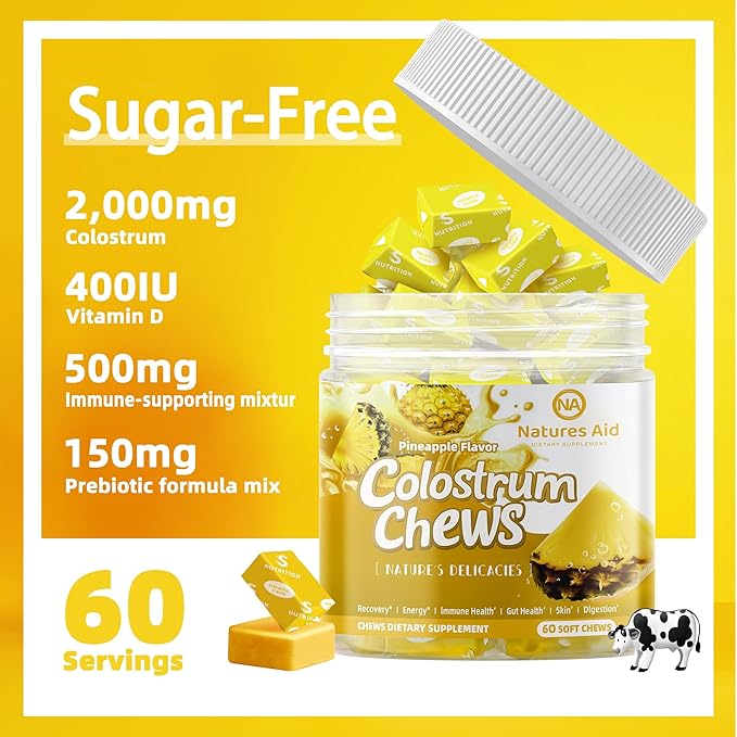 Colostrum Chews Supplement with probiotics for Gut Health, Bloating, Immune Support, Skin, Hair Growth and Beauty - Pineapple Flavor (60 Servings)