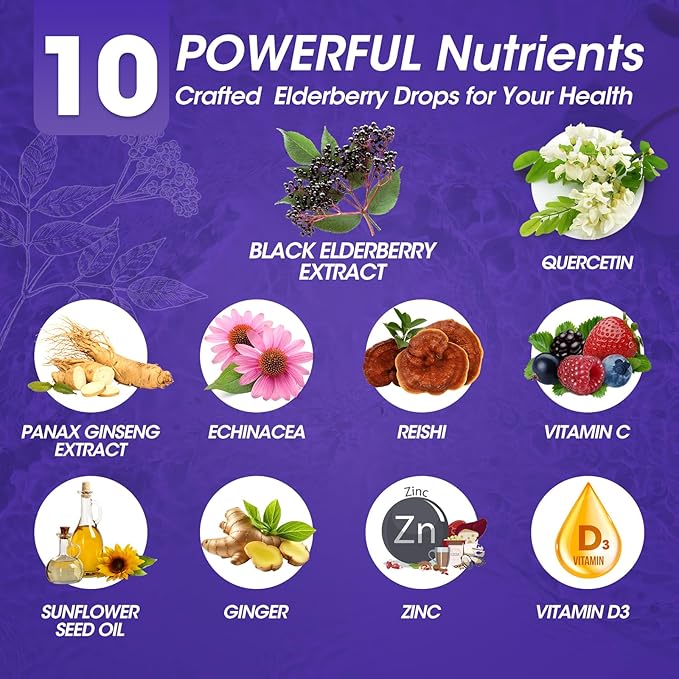Elderberry Syrup Black Elderberry Drops with Quercetin, Panax Ginseng, Vitamin C and Zinc, Sambucus Elderberry Syrup Liquid, Vegan, Non-GMO & Gluten Free