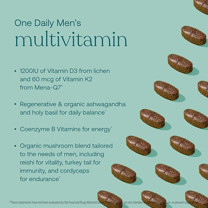 True Grace One Daily Men’s Multivitamin Fermented Minerals, Organic Adaptogens & Mushrooms Whole Body Balance Immune, Endurance, Bone & Heart Support - Non-GMO, Gluten Free - 90 Vegan Tablets