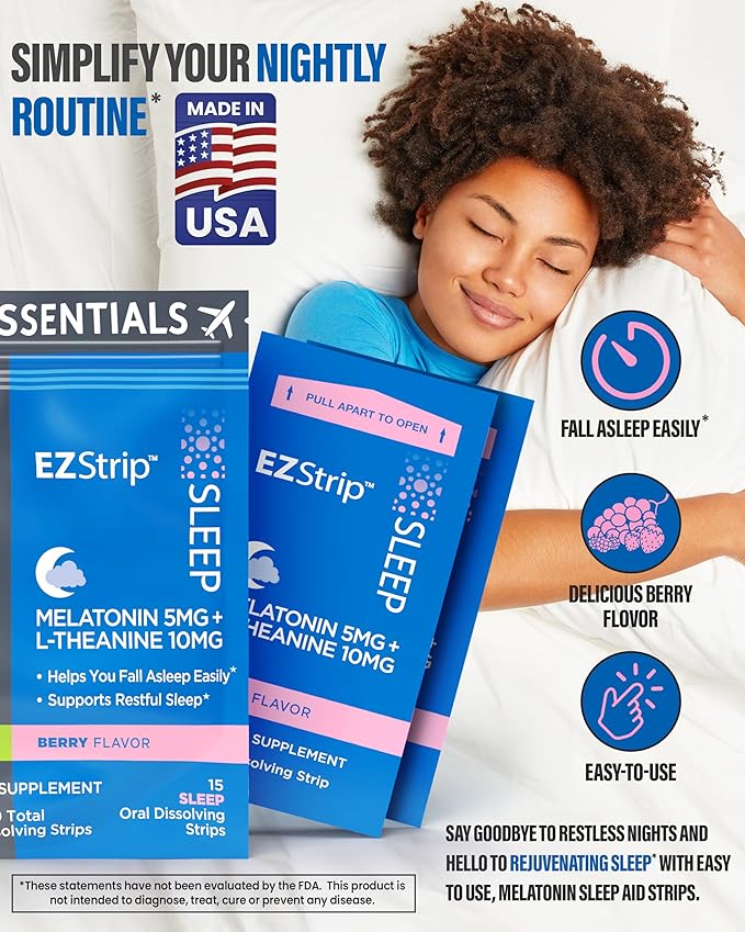 Travel Pack with Energy & Sleep Supplements - 30 Count - Portable Pack with Caffeine Strips for Energy and Melatonin Strips for Sleep Support During Travel - Made in USA, Sugar & Gluten Free