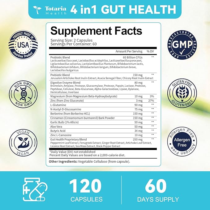 4-in-1 Gut Health Supplement with Probiotics, Prebiotics, Postbiotics & Digestive Enzymes for Women & Men, 60 Billion CFU Probiotics for Gut and Digestion, Strong Immunity, Skin (120 Capsules)