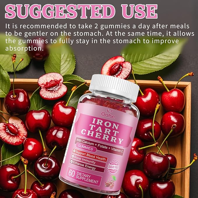 Tart Cherry Iron Supplement for Women & Men, Iron Gummies with Calcium, Zinc, Folate & Vitamin C & B12 for Immune Support, (60 Count) - Sugar Free,Vegan (Mothers Day Gifts for Mom)