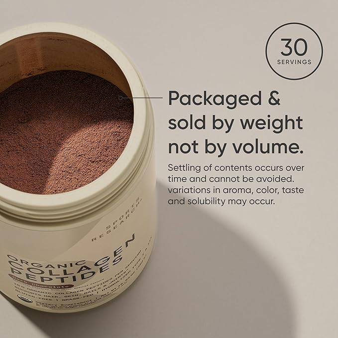 Sports Research® Organic Collagen Peptides (Dark Chocolate) - Hydrolyzed Type I & III Collagen Protein Powder with Amino Acids - USDA Organic, Gluten Free, Sustainably Sourced - 30 Servings