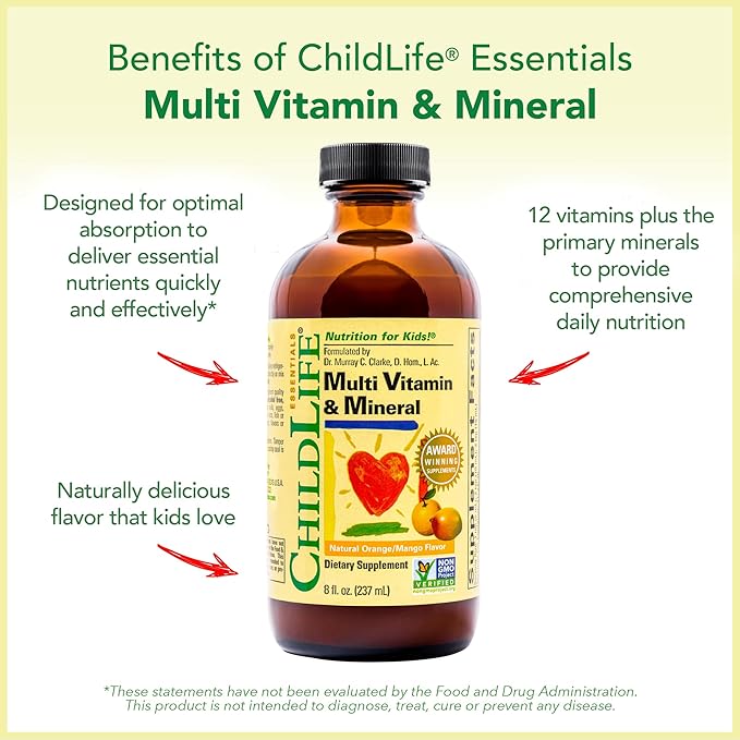 CHILDLIFE ESSENTIALS Kids Multivitamin & Mineral - Kids Vitamins, Liquid Multivitamin for Kids, Toddler Multivitamins, Liquid Vitamins, Baby Multivitamin - Natural Orange & Mango, 8 Fl Oz (Pack of 2)