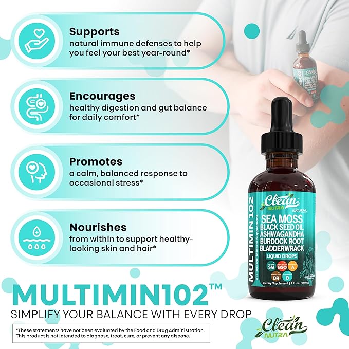 Clean Nutra Organic Sea Moss Drops Supplement | Black Seed Oil Irish Seamoss Ashwagandha Burdock Root & Bladderwrack - Multimineral Liquid Vegan for Gut Heath Energy Skin Immune Support & Hair