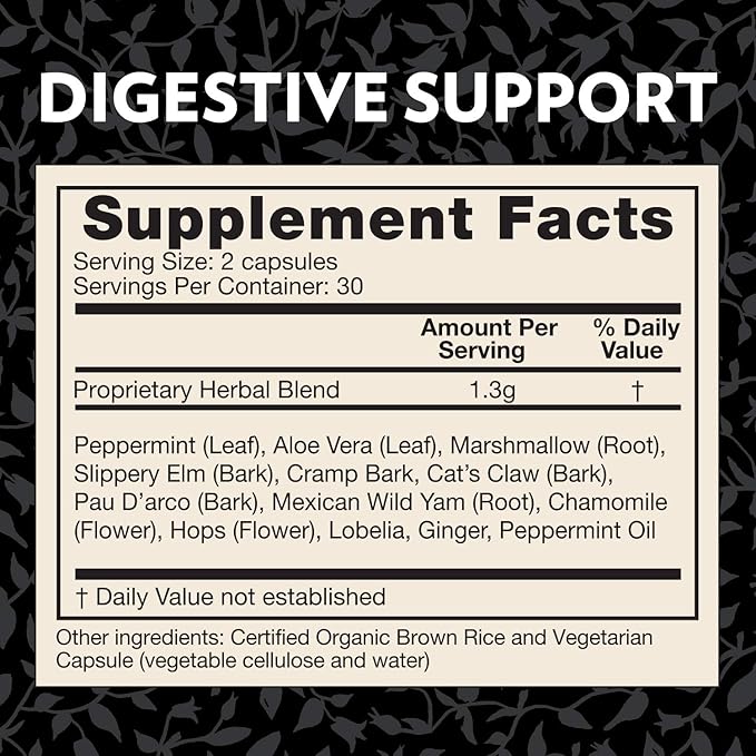 Crystal Star Digestive Support Supplement (60 Capsules) - Herbal Gut Health Supplement That Helps with Occasional Gas & Bloating - Peppermint, Aloe Vera, Slippery Elm & Ginger – Non-GMO