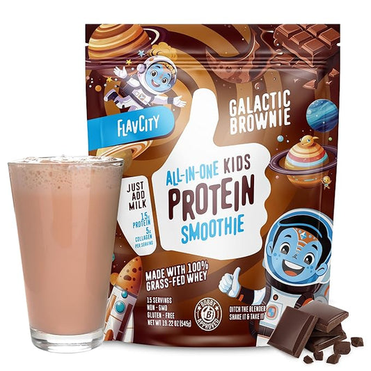 FlavCity Kids Chocolate Protein Powder - Galactic Brownie Smoothie - 15g Undenatured Whey Kids Protein Shake Powder - 5g Grass-Fed Bovine Collagen Peptides - Gluten-Free & Non-GMO (15 Servings)