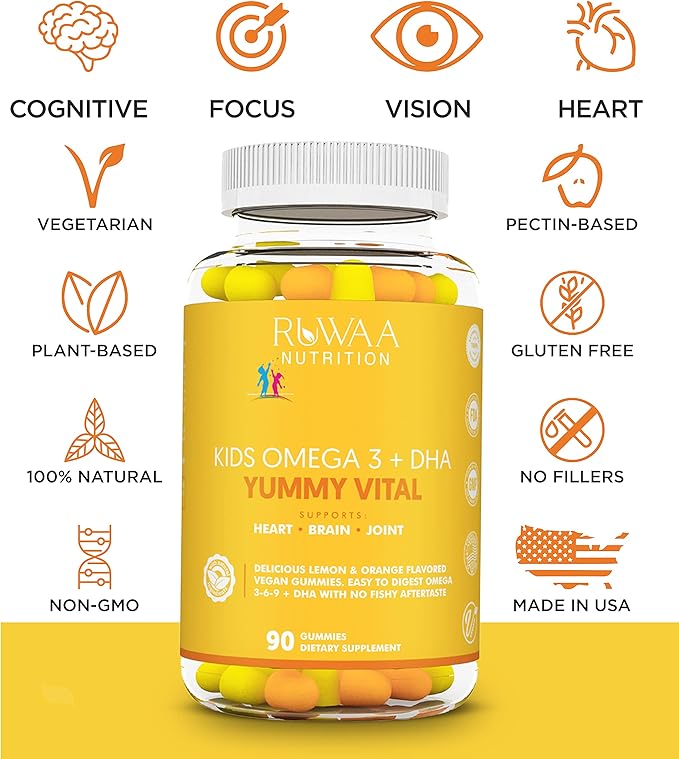 Omega 3, DHA, Plant-Based 3 6 9 + Vitamin C: Immune Support, Heart, Brain, Eye & Joint Supplement, Vegetarian, Gluten Free, Non-GMO, 90 Gummies (1)