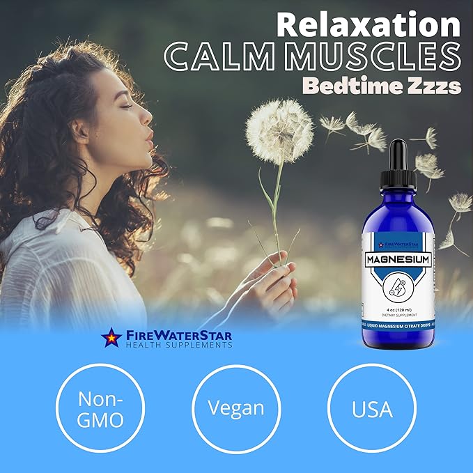 FWS Magnesium Citrate Liquid Drops for Adults and Kids - 4oz - Supports Sleep, Calm, Energy, Muscles, Nerves - Pure Magnesium Citrate Supplement - Organic, Non-GMO, Vegan - Easy Dosing, 120 Servings