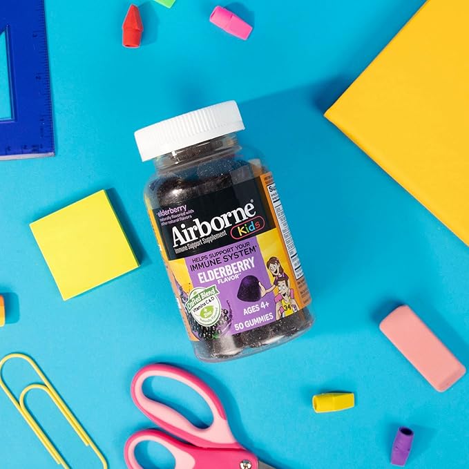 Airborne KIDS Elderberry + Zinc & Vitamin C Gummies, Kids Immune Support with Powerful Antioxidants Vit D & E - 50 gummies, Elderberry Flavor