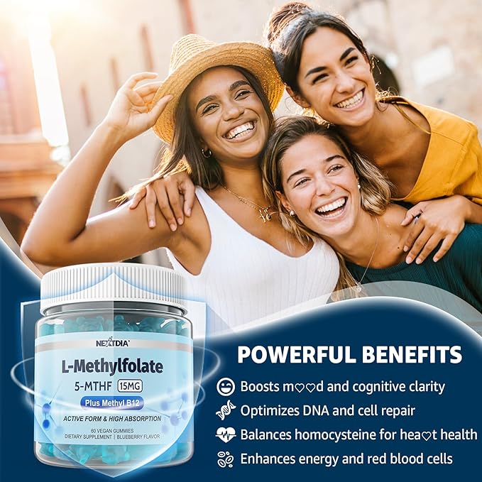 L-MethylFolate 15mg & Methyl B12 Gummies, Methylated B1, B2, B6 Multivitamins - Active 5-MTHF & High Absorption - Supports MTHFR Gene, Cognition, Homocysteine Levels, Folate Metabolism, Vegan, 60 Cts