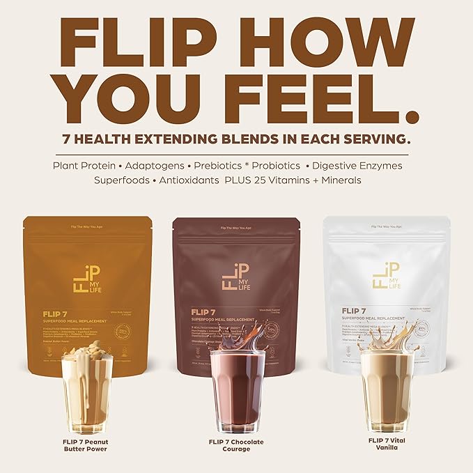 Flip 7 Natural SuperFood, Plant-Based Protein, Complete Meal Replacement to Support Healthy Gut, 7 Mega Nutrient Rich Blends all in one to AGE BETTER - Vanilla