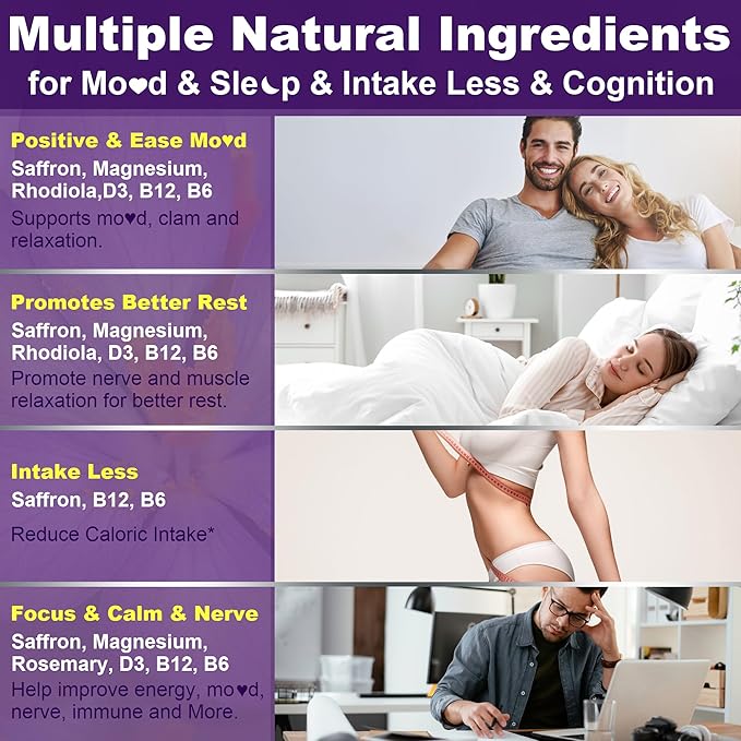 Saffron Supplements Gummies - 4 Months Supply - Saffron Extract 177mg 88.5mg, w/Magnesium Glycinate 400mg 200mg, Rhodiola Rosea, Rosemary, B6 B12 D3 for Calm, Nerve, Rest, Focus, Sugar-Free, 2 Pack