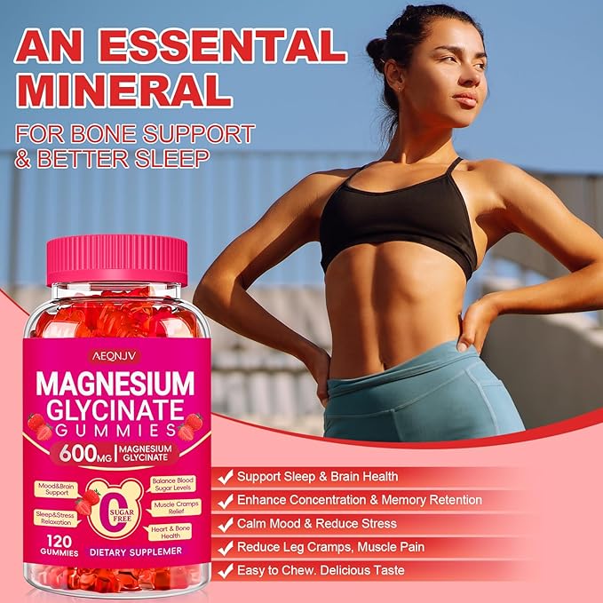 Magnesium Glycinate Gummies 600mg, Chewable Sugar Free Gummies with Magnesium Glycinate, Vitamin D, B6 and CoQ10 for Sleep, Relaxation, Brain and Muscle, 2 Pack