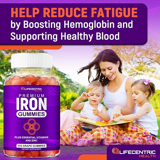 LifeCentricHealth Iron Gummies for Adults & Kids | Biotin Zinc Vitamin B Folic Acid Gummies | Vegan Gluten Free for Women & Men