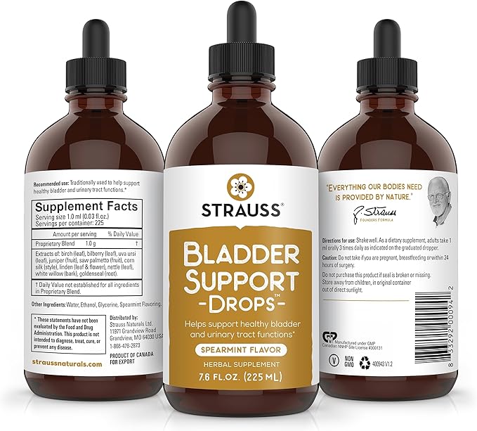 Strauss Naturals Bladder Support Drops Natural Supplements for Urinary System Support, Gluten-Free, Soy-Free, and Non-GMO, 7.6 fl oz.