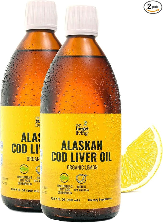 On Target Living Alaskan Cod Liver Oil Organic Lemon Flavor 16.67 oz (2-Pack) | Line Caught in The USA | Naturally Occurring Vitamin D | Rich in Omega 3 DHA/EPA | Non-GMO Project Certified