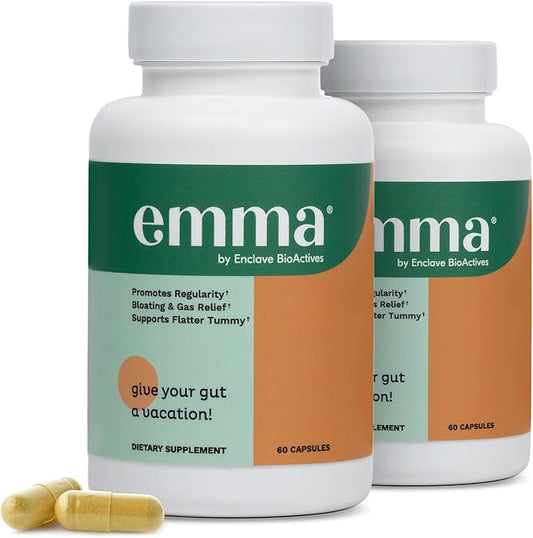 Emma Gut Health - 2 Pack - Gas and Bloating Relief, Constipation, Leaky Gut Repair - Gut Cleanse & Restore Digestion - Regulate Bowel Movement. Probiotics and Laxative Alternative, 120 Capsules