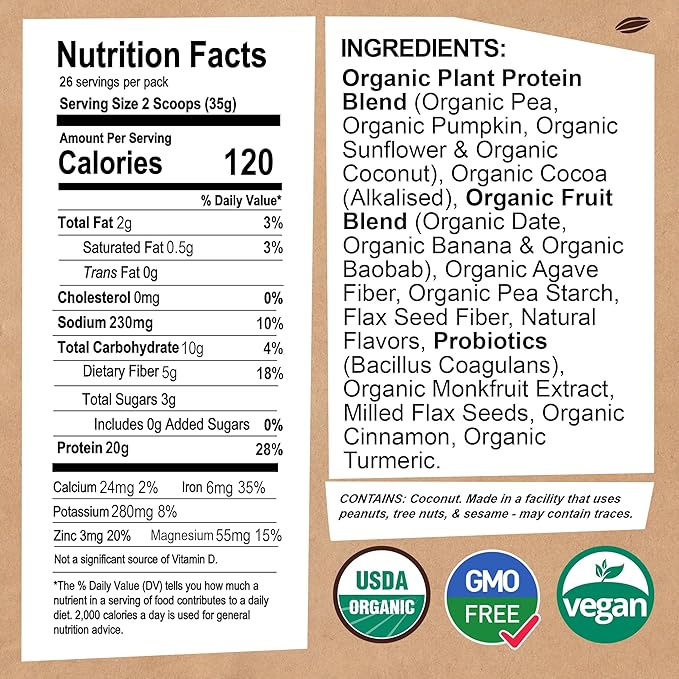 EarthChimp Organic Vegan Protein Powder - with Probiotics - Non GMO, Dairy Free, Non Whey, Plant Based Protein Powder for Women and Men, Gluten Free - 26 Servings 32 Oz (Chocolate)