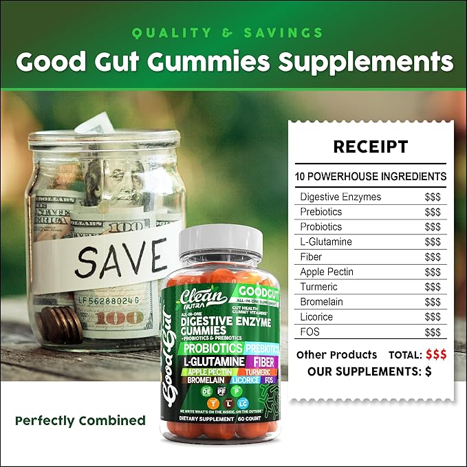Clean Nutraceuticals Digestive Enzymes with Probiotics & Prebiotics for Digestive Health Gummies & L-Glutamine for Gut Health Bromelain Apple Pectin Inulin FOS Plant Based Vegan Gummy Vitamins