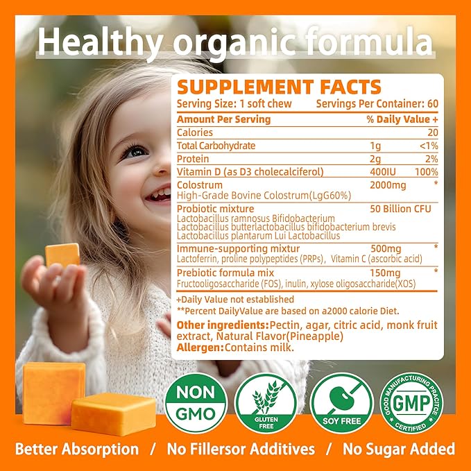 Colostrum Chews Supplement with probiotics for Gut Health, Bloating, Immune Support, Skin, Hair Growth and Beauty - Orange Flavor (60 Servings)