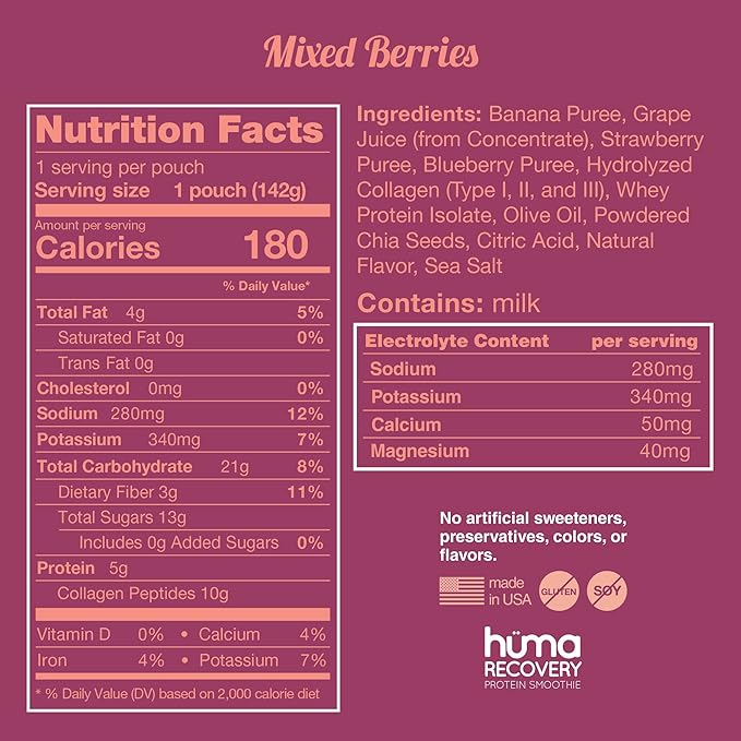 Huma Recovery Protein Smoothie, 12 Pouches – 15g Collagen + Whey Post Workout Recovery Drink – Ready-to-Drink Protein Shake with Real Fruit, Electrolytes, Healthy Fats