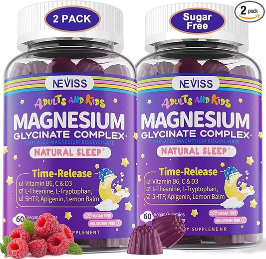 Magnesium Glycinate Gummies for Adults & Kids 4+, Sugar Free Magnesium Bisglycinate Supplement 400/200mg with B6D3, 5HTP, L-Theanine for Sleep & Relaxation, Brain, Muscle, Melatonin Free Gummies,2Pack