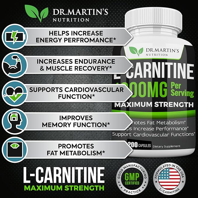 DR. MARTIN'S NUTRITION Extra Strength L-Carnitine - 200 Capsules - 1000mg Per Serving - Boost Your Metabolism and Increase Performance