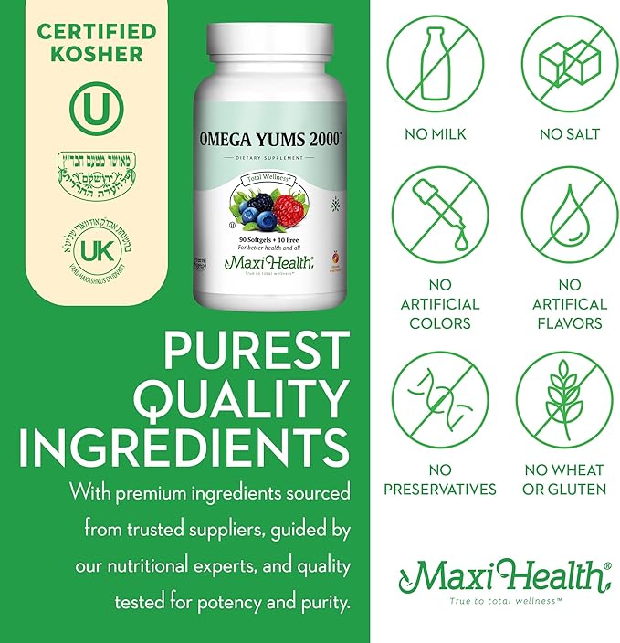 Maxi Health Fish Oil 2000mg - Omega 3 Supplement for Adults and Kids - Fruity Burst - Omega-3 Fish Oil Source of EPA/DHA Fatty Acids - Heart, Brain, Joint Health - Kosher Certified - 100 Softgels