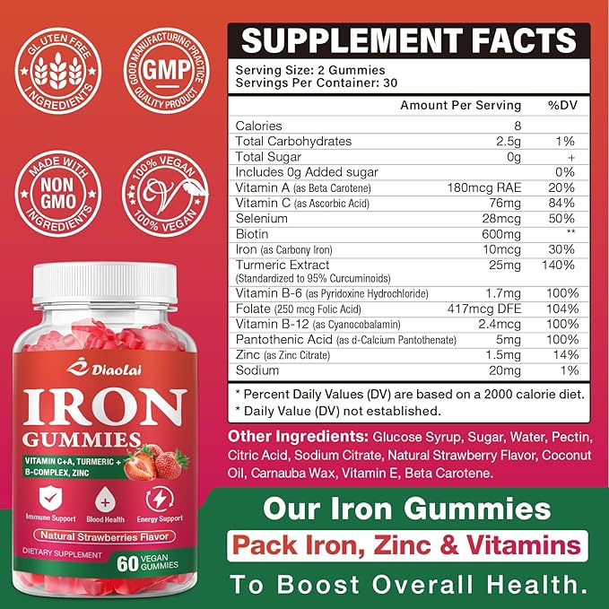Vegan Iron Gummies - High Potency Iron Supplement for Women & Men - Supports Energy & Immune Health - Strawberry Flavor (60 Count)