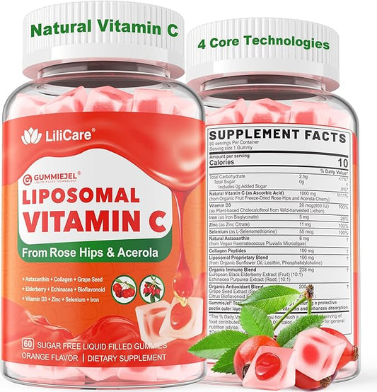 Liposomal Vitamin C 1000mg Filled Gummies for Adults & Kids 9+, 1660mg Blend w/ Echinacea, Elderberry, D3, Zinc, Iron, Bioflavonoid,Astaxanthin - Natural Organic Chewable Vitamin C Gummies, Sugar Free