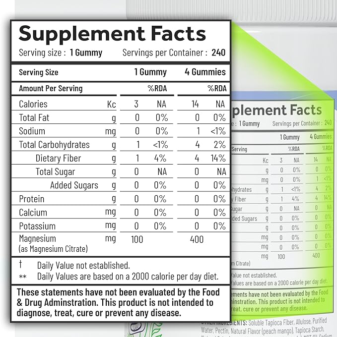 Magnesium Citrate Gummies - Sugar-Free, Vegan and Non-GMO for Better Sleep and Relaxation - No Sugar Alcohol - Magnesium Supplement for Adults, Teens and Kids - Green Apple - 240 Chews