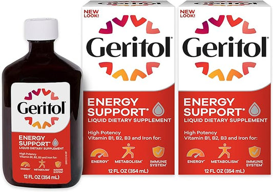 Geritol Liquid Vitamin and Iron Supplement, Energy Support, Contains High Potency B-Vitamins and Iron, Pleasant Tasting, Easy to Swallow, No Artificial Sweeteners, Non-GMO, 12 Oz, 2 Pack
