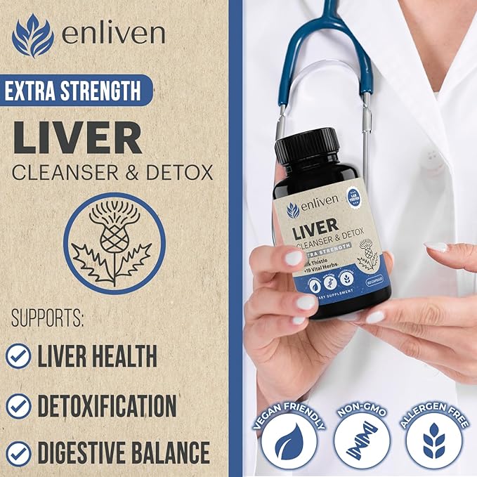 enliven Liver Cleanse Detox & Repair Supplement | Supports Liver Health with Milk Thistle, Dandelion Artichoke | Non-GMO Fatty Liver Support - Men & Women | Made in The USA (60 Capsules)
