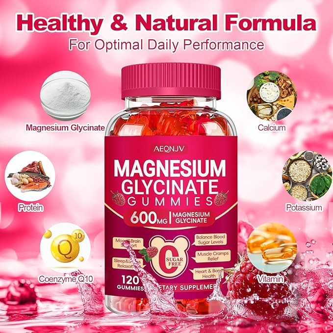 Magnesium Glycinate Gummies 600mg, Sugar Free Magnesium Gummies for Adults with L-Threonate, Chewable Potassium Supplements for Sleep, Body Support and Relaxation, 2 Pack