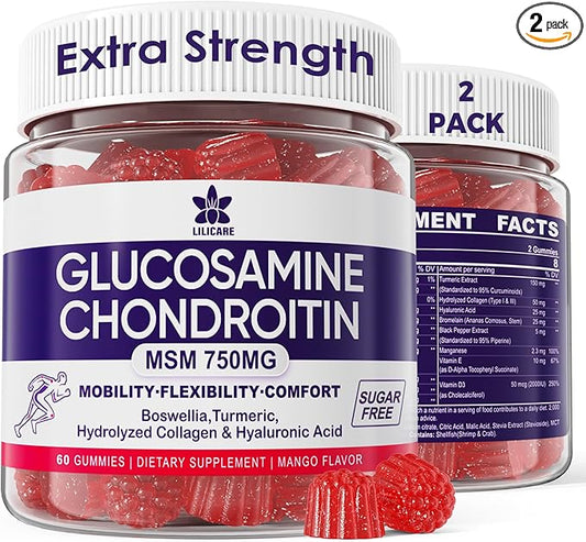 Glucosamine Chondroitin Gummies with MSM, Boswellia Turmeric, Hydrolyzed Collagen & Hyaluronic Acid, Extra Strength Supplement for Mobility, Comfort, Flexibility - 60 Count (Pack of 2)