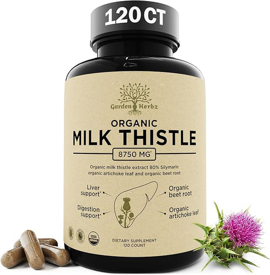 Organic Milk Thistle Supplement 80% Silymarin – 250 mg with Beet Root & Artichoke Leaf Extract – Herbal Formula for Liver and Digestive Support, 120 Capsules