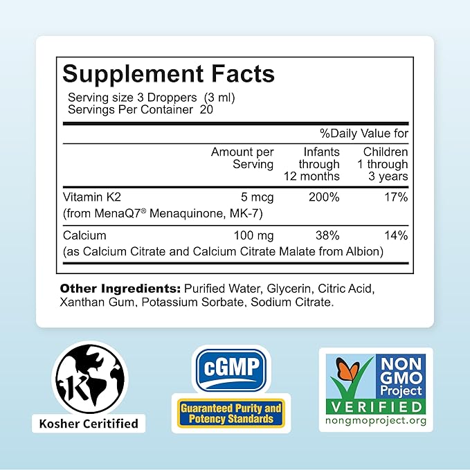 Nature's Nutra Strong Calcium, Plus MenaQ7 K2, Premium Liquid Calcium for Baby, Infant and Children, Natural Flavor, Non-GMO, Kosher, 2 Fl. Oz (60ml)