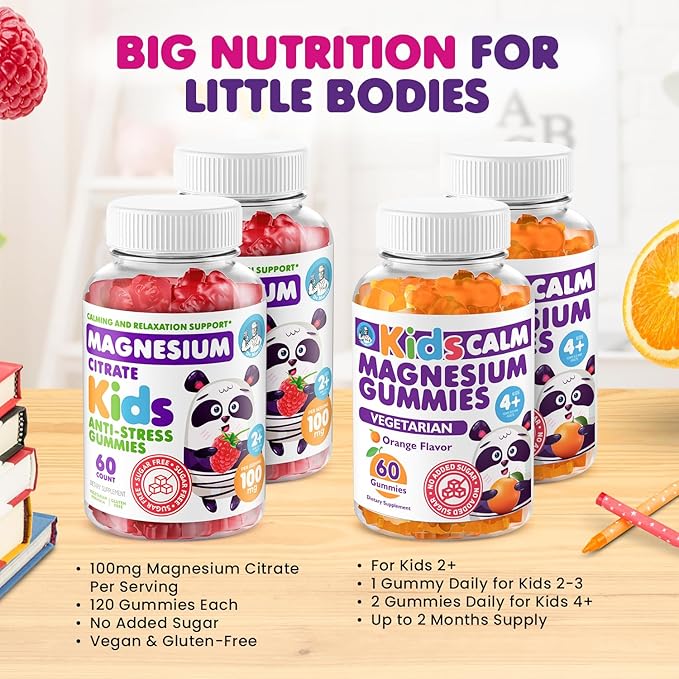 DR. MORITZ Calm Magnesium Gummies for Kids in Orange Flavor (120 Count) and Raspberry Flavor (120 Count) - Magnesium Citrate Supplements - No Sugar Added, Non-GMO