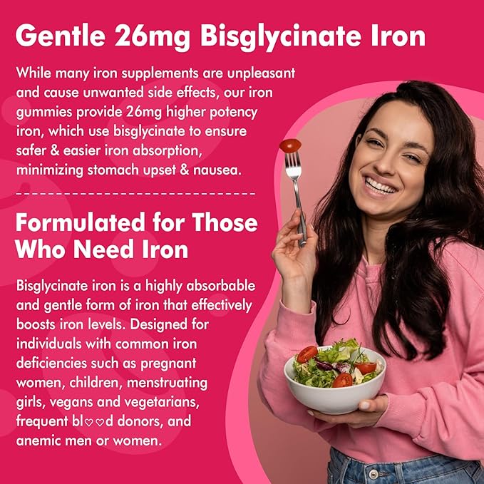 Vegan Iron Supplement for Women 26mg, Iron Gummies w/Vitamin C, Beetroot, Folate, B12, Zinc, for Iron Deficiency, Energy Boost, Non-Constipating, No After Taste, Strawberry Flavor, Sugar-Free 60Cts