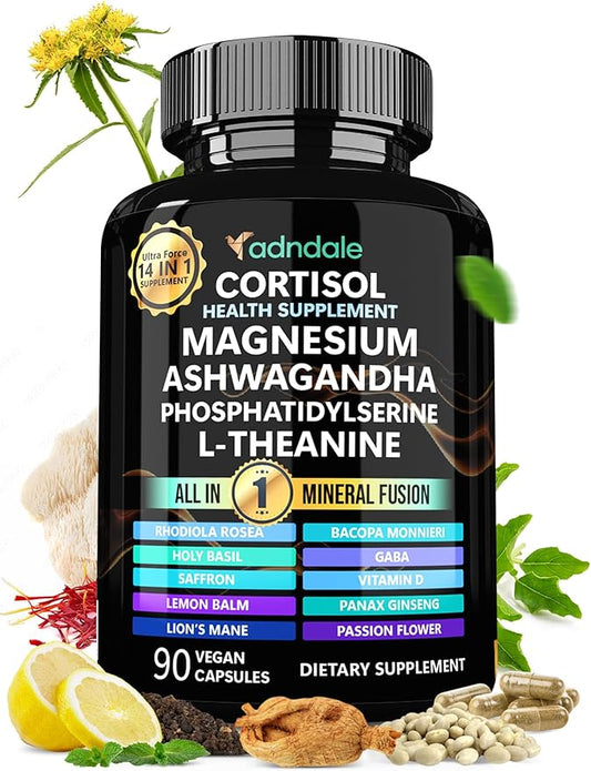 Cortisol Supplements for Women. Cortisol Manager 14-in-1 Formula with Ashwagandha, Magnesium Glycinate, L-Theanine & More. Support Stress Management & Stamina. 90 Capsules.