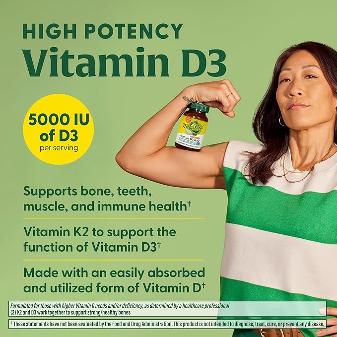 MegaFood Vitamin D3 5000 IU (125 mcg) - Vegetarian Supplements with Vitamin D3 K2 - Supports Bones, Teeth, Muscles & Immune Health - Certified Non-GMO - 120 Mini Capsules, 120 Servings