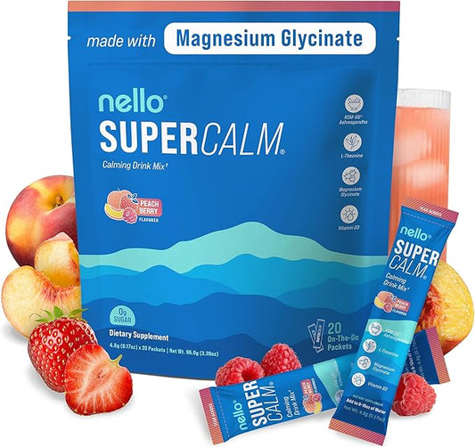 Supercalm Drink Mix - Ashwagandha KSM 66, Magnesium Glycinate & L-Theanine Supplement - Ashwagandha Root Extract - Focus and Relaxation Support (20 Travel Packets) - Peach Berry