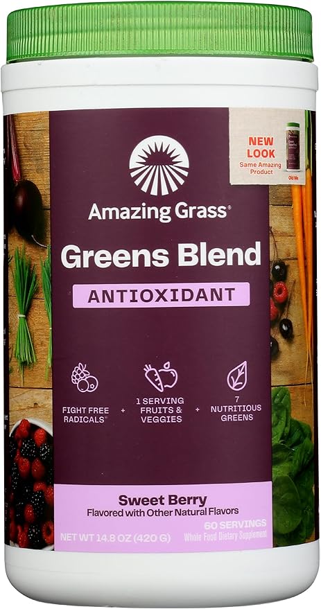 Amazing Grass Greens Superfood Antioxidant: Greens Powder with Organic Spirulina, Beet Root Powder, Elderberry & Probiotics, Sweet Berry, 60 Servings (Packaging May Vary)