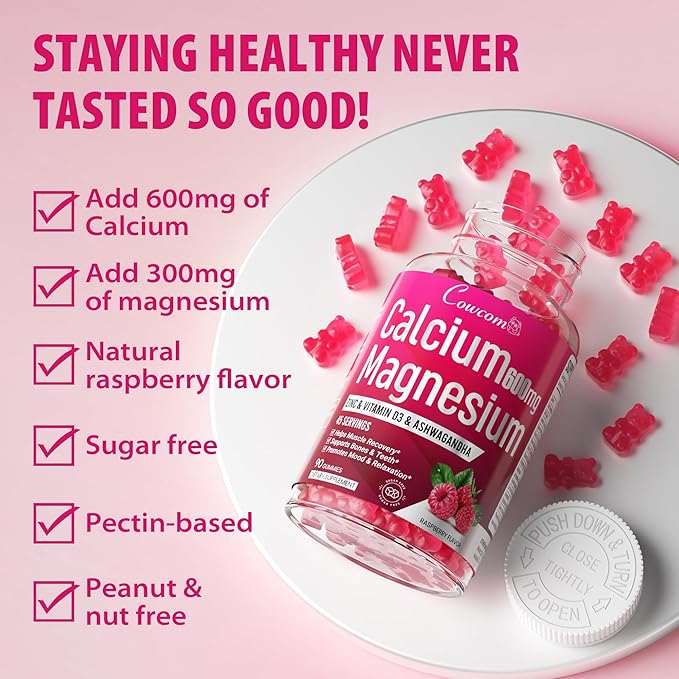 Calcium Magnesium Zinc Gummies for Kids Adults,High Absorption Magnesium Glycinate 300mg with Vitamin D3,B6,B12 for Bone,Muscles,Calm Mood,Sleep Support,Sugar-Free,Vegan,Raspberry Flavor,90 Counts